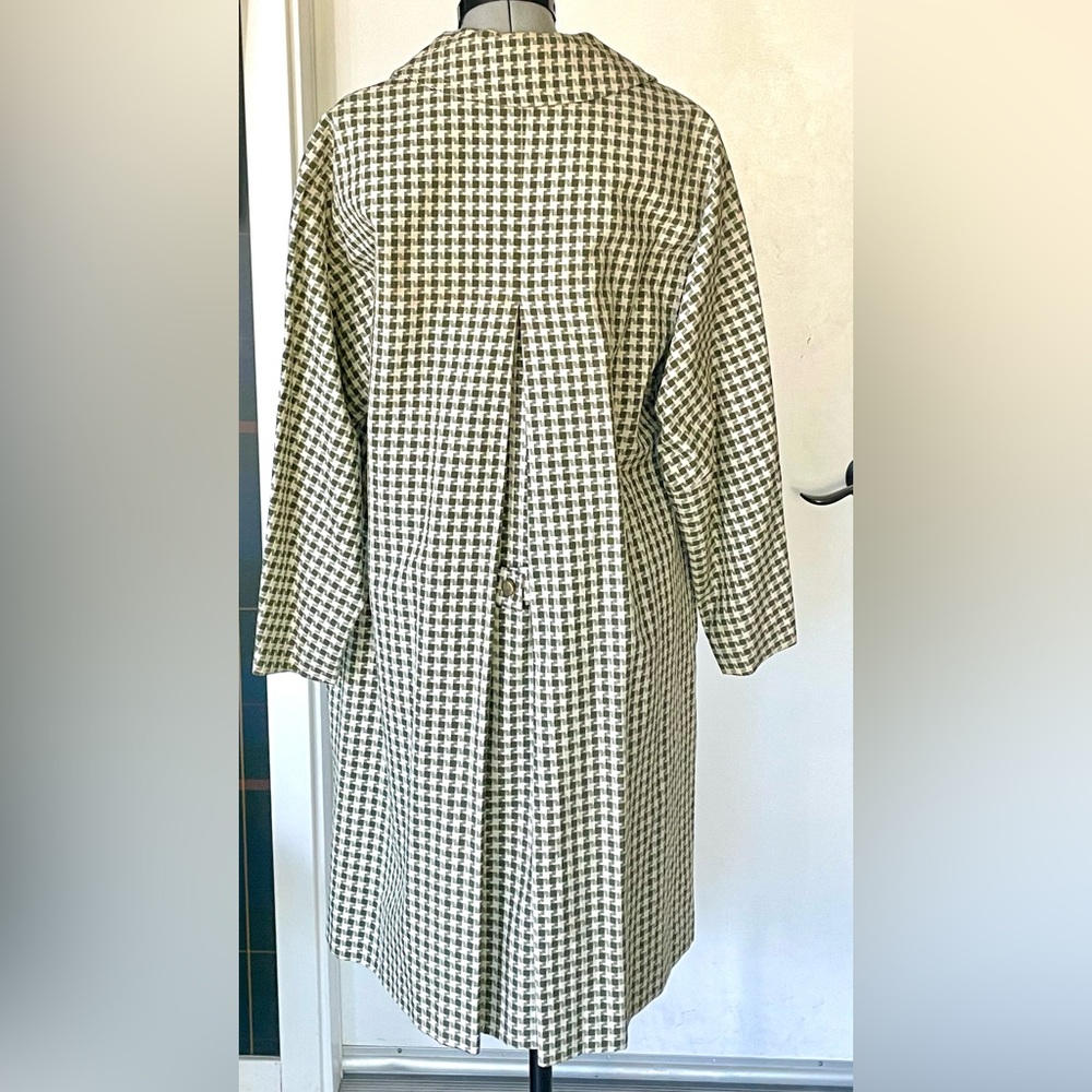 Vintage checkered swingcoat/trench, Drk olive green and white, pockets, GUC - Picture 4 of 13